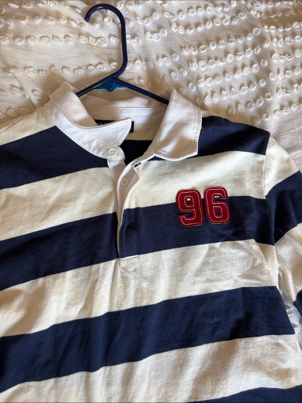 Navy & White Striped Rugby Polo with Red '96' Patch